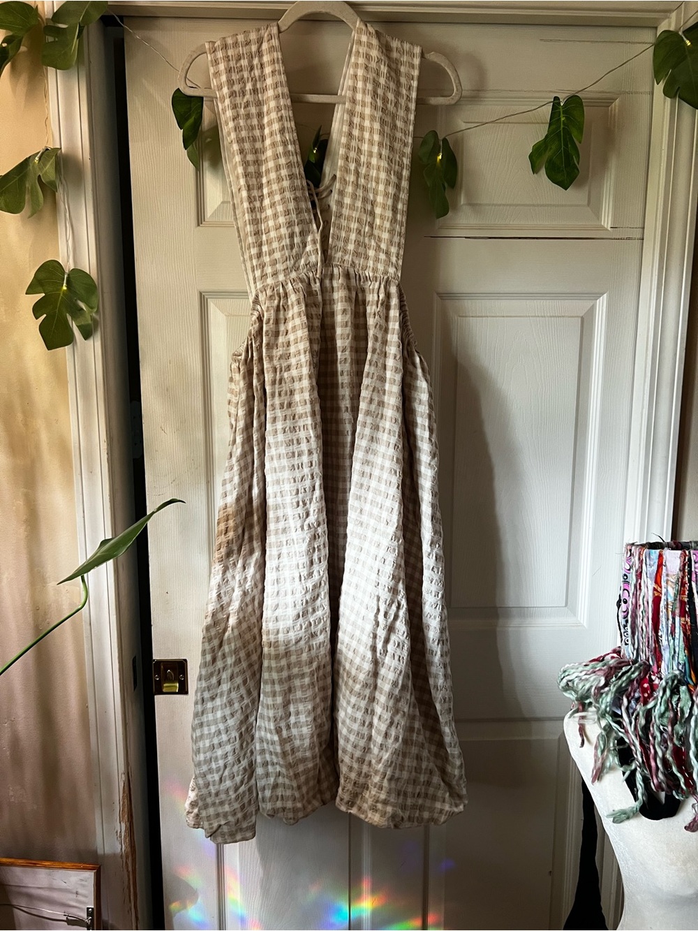 Poet’s Classic Linen-Blend Beige Check Pinafore corset Dress